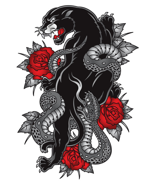 Πάνθηρας φίδι τριαντάφυλλα τατουάζ γραφικό - Διάνυσμα, εικόνα