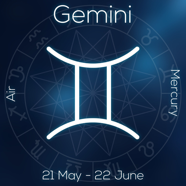 Zodiac sign - Gemini. White line astrological symbol with caption, dates, planet and element on blurry abstract background with astrology chart. - Φωτογραφία, εικόνα