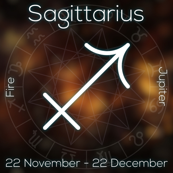 Zodiac sign - Sagittarius. White line astrological symbol with caption, dates, planet and element on blurry abstract background with astrology chart. - Fotoğraf, Görsel