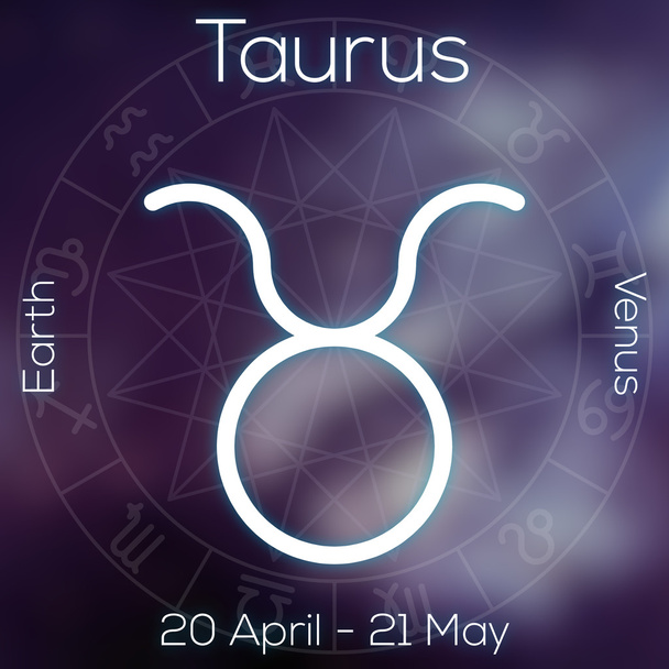 Zodiac sign - Taurus. White line astrological symbol with caption, dates, planet and element on blurry abstract background with astrology chart. - Φωτογραφία, εικόνα