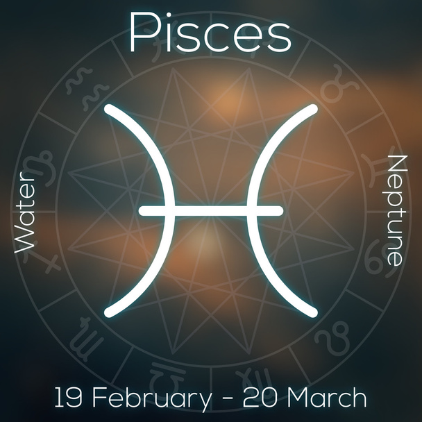 Zodiac sign - Pisces. White line astrological symbol with caption, dates, planet and element on blurry abstract background with astrology chart. - Φωτογραφία, εικόνα