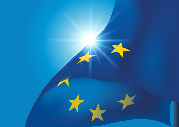 Vlajka Evropské unie vlaje proti světlu na pozadí modré oblohy. - Vektor, obrázek