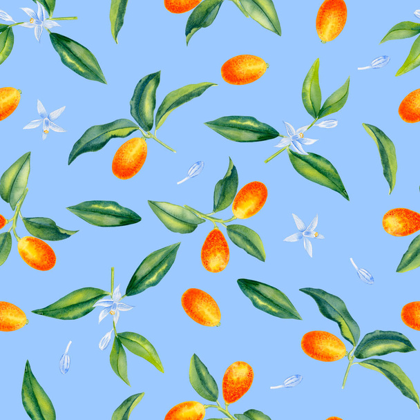 Kumquat branches with flowers watercolor seamless pattern. Citrus orange fruits and leaves endless background. Tropical tree hand drawn ornament. For textiles and packaging paper. - Valokuva, kuva