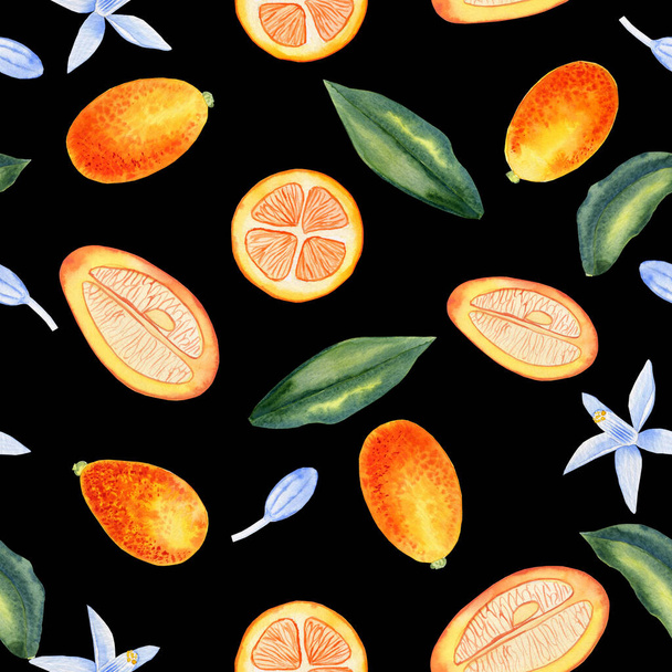 Kumquat fruits whole and cut seamless watercolor pattern. Flowers and leaves of citrus tree endless background. For textiles and packaging paper. Summer print. - Photo, Image