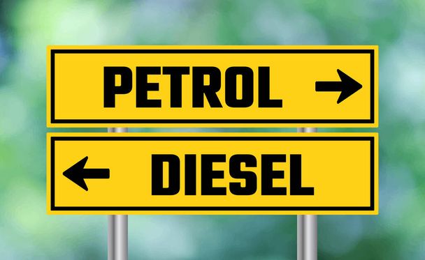 Βενζίνη ή ντίζελ οδική πινακίδα στο φόντο θαμπάδα - Φωτογραφία, εικόνα