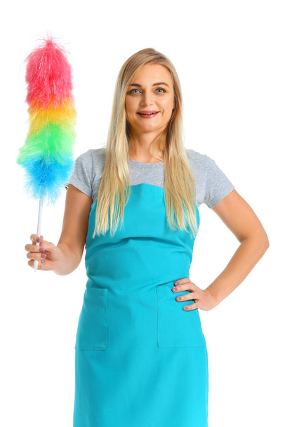 Woman with PP duster on white background - Photo, Image
