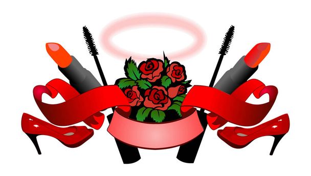 Red Roses, High Heels, Lipstick, Mascara, Scroll And Nimbus - Woman Essence. - Vetor, Imagem