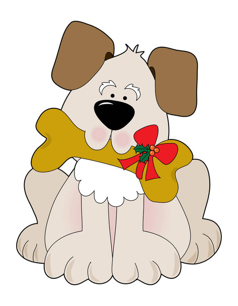 A cute little puppy holding a bone with a Christmas bow on it - Vektori, kuva