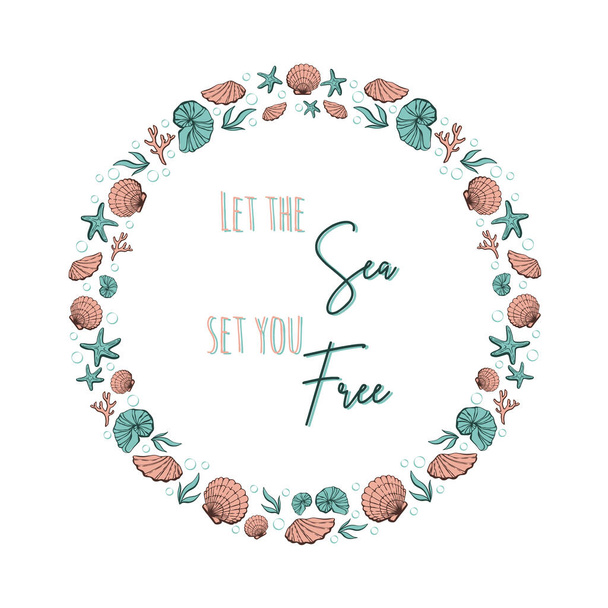 Frame with shells isolated on white. A wreath with underwater items and a place for text in the center. Banner template for greeting cards, invitations. Vector illustration with Sea you soon lettering - Vecteur, image