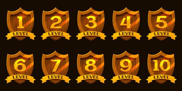 Game gold badges with level number. For game, user interface, banner, application, interface, slots, game development. - ベクター画像