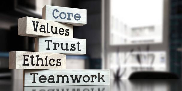 Jádro, hodnoty, důvěra, etika, týmová práce - slova na dřevěných blocích - 3D ilustrace - Fotografie, Obrázek