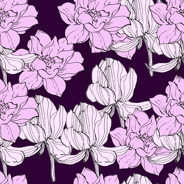 Kwiatowy bezszwowy wzór z ręcznie rysowanych kwiatów lotosu i liści. Modny szablon do projektowania. Abstrakcyjny wzór kwiatowy. - Wektor, obraz