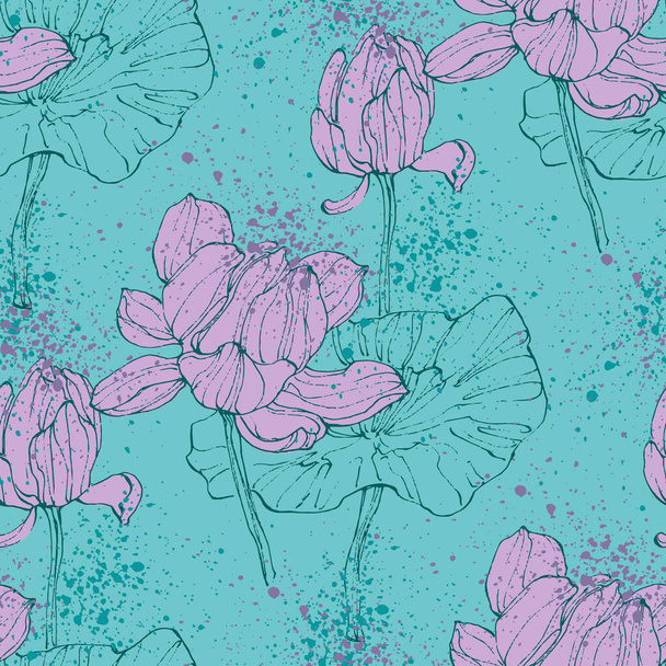 Floral seamless pattern with hand drawn lotus flowers and leaves. Fashionable template for design. Abstract floral pattern. - ベクター画像