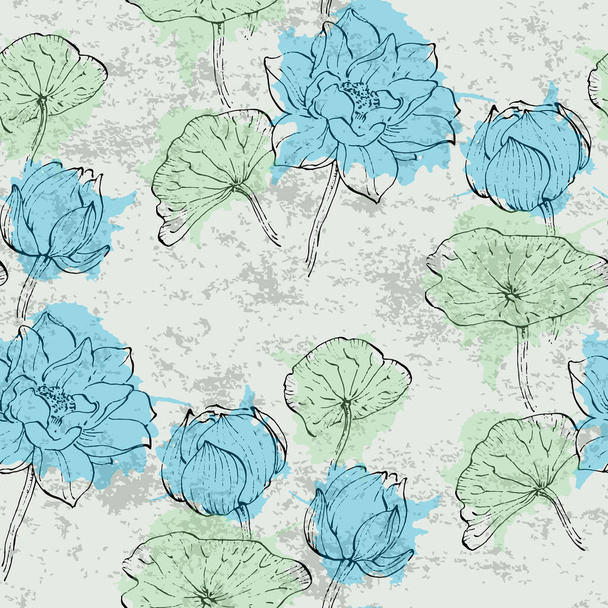 Floral seamless pattern with hand drawn lotus flowers and leaves. Fashionable template for design. Abstract floral pattern. - Vetor, Imagem
