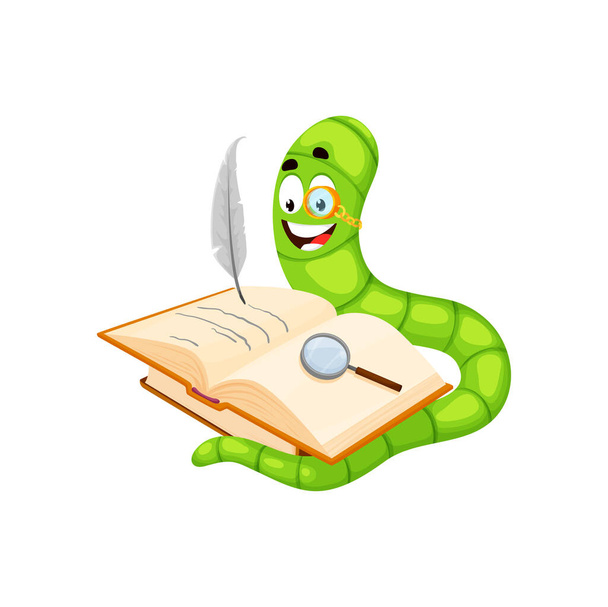 Cartoon boekenwurm karakter, boek worm dier. Schattige regenworm auteur personage dragen monocle schrijven van een verhaal met een veer pen en glas, verloren in het creatieve proces. Geïsoleerde vector grappige bug schrijver - Vector, afbeelding