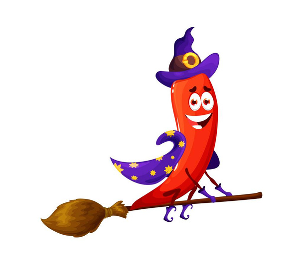 Мультфильм Хэллоуин перец ведьмы характер. Изолированный векторный красный халапеньо персонаж летит на вечеринку на метле. Смешной овощной волшебник, одетый в высокую шляпу и волшебный наряд, натуральный здоровый продукт - Вектор,изображение