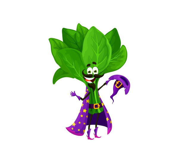 Kreslený Halloween špenátový kouzelník charakter. Izolovaný vektor zdravé rostlinné osobnosti svírající čarodějnický klobouk oděný v kouzelně purpurovém plášti s hvězdami. Vitamin magie zelenina nebo zeleň na party - Vektor, obrázek