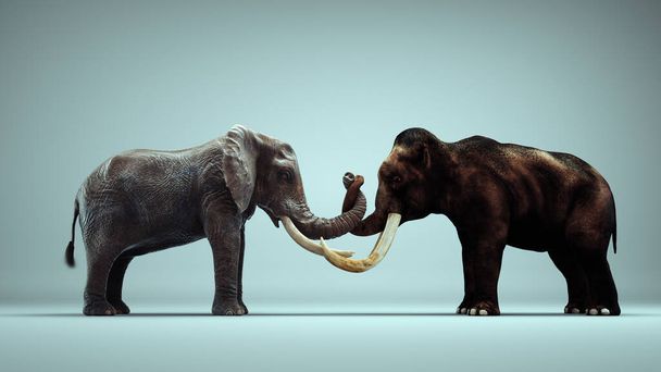 Мамонт і слон разом. Поняття братів. Це 3d ілюстрація рендеринга
. - Фото, зображення