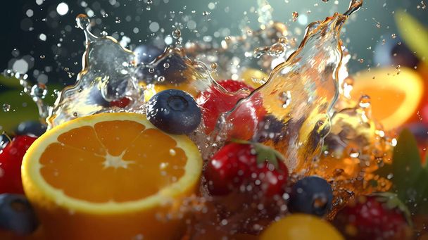 Fresh fruits in transparent water splashes, front view. - Foto, imagen