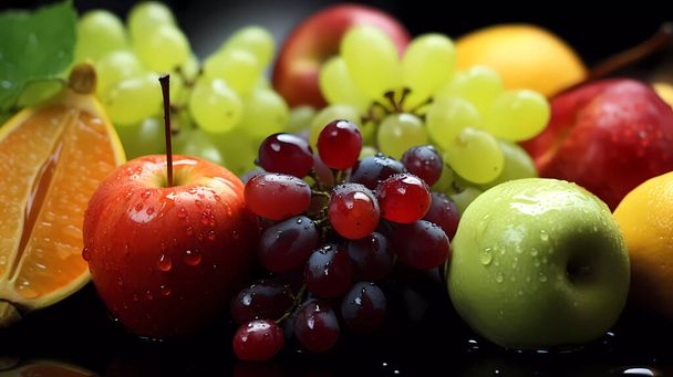 Variety of fresh fruits on the table, front view. - Photo, Image