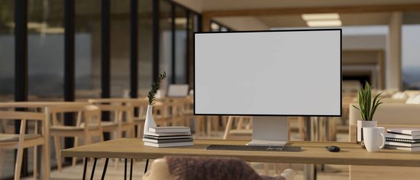 Una maqueta de pantalla blanca con accesorios en una mesa de madera en una sala de co-trabajo minimalista escandinava. 3d render, ilustración 3d - Foto, Imagen
