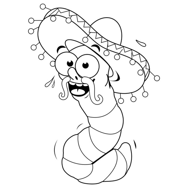 Cartoon tequila worm with a Mexican sombrero hat. Vector black and white coloring page. - Vektör, Görsel