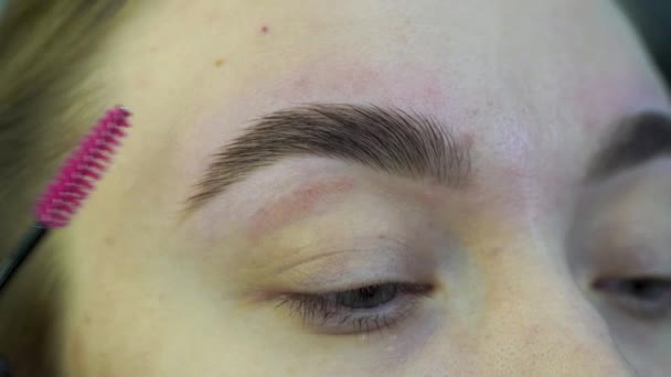 Close up of woman doing her make up, preparing brows using brush tool brushing eyebrows. Combing, plucking eyebrows close-up. eyebrow care in a beauty salon - Footage, Video