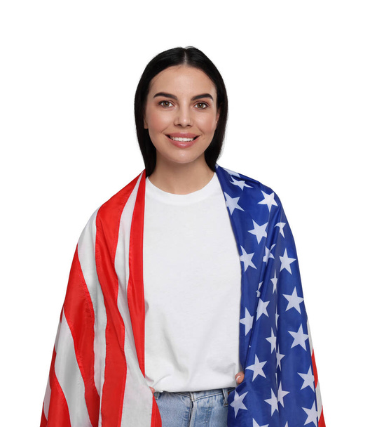 4th of July - Independence day of America. Happy woman with national flag of United States on white background - Фото, зображення