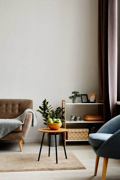 Κάθετη εικόνα φόντου του minimal σαλόνι εσωτερικό με άνετο βελούδινο καναπέ και πολυθρόνα - Φωτογραφία, εικόνα