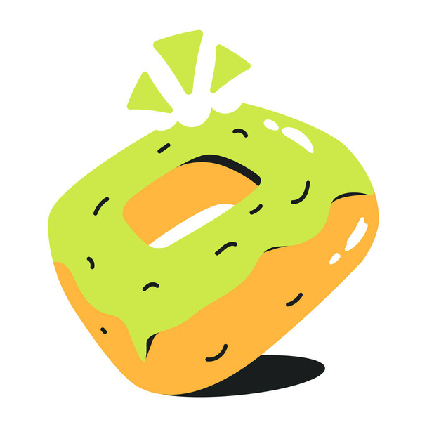 flat color cartoon icon of a green donut - Διάνυσμα, εικόνα