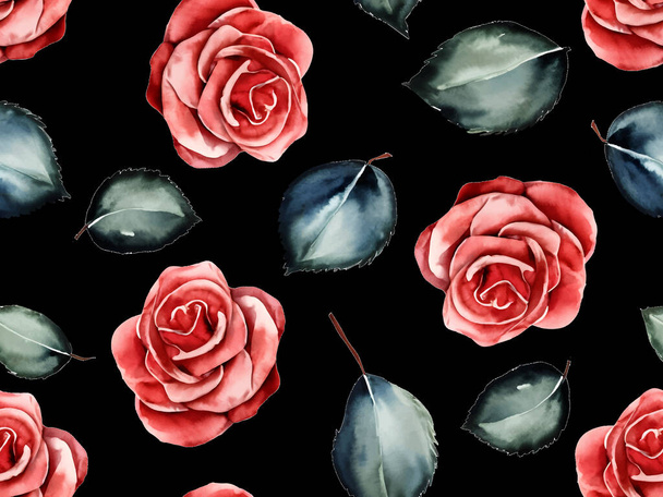 Red roses and green leaves on black background print, seamless pattern backdrop . Vector illustration - Vecteur, image