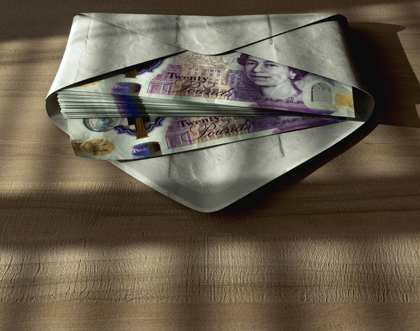 Een verspreidende stapel van pond bankbiljetten in een envelop op een houten oppervlak onder stemmige verlichting - 3D render - Foto, afbeelding