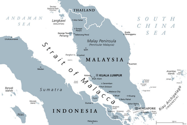 Straat van Malakka, grijze politieke kaart. Belangrijke scheepvaartroute en een van de belangrijkste scheepvaartroutes tussen het Maleis schiereiland (schiereiland Maleisië) en Sumatra (Indonesië), die Andaman met de Zuid-Chinese Zee verbindt. - Vector, afbeelding