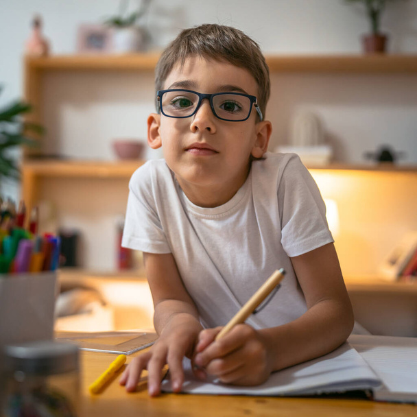 маленький мальчик ребенок ребенок ученик изучает работу на домашнее задание на дому - Фото, изображение