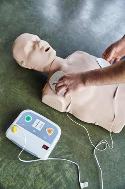 bijgesneden beeld van professionele zorgverlener die defibrillator pads toepast op reanimatiepop, cardiale reanimatie, high angle view, gezondheidszorg en levensreddende technieken concept - Foto, afbeelding