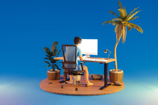 man sitting at pc office workplace in isolated tropical island environment; infinite background; workload stress concept; 3D Illustration - Valokuva, kuva