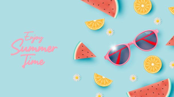 Gafas de sol y frutas tropicales en estilo lindo arte 3d y pastel esquema de color fondo vector ilustración - Vector, Imagen