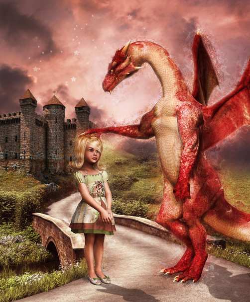 Rode draak en een meisje - Foto, afbeelding
