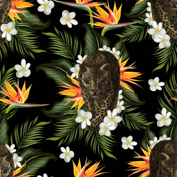 Trópusi zökkenőmentes minta zöld levelekkel és virágokkal. illusztráció - Fotó, kép