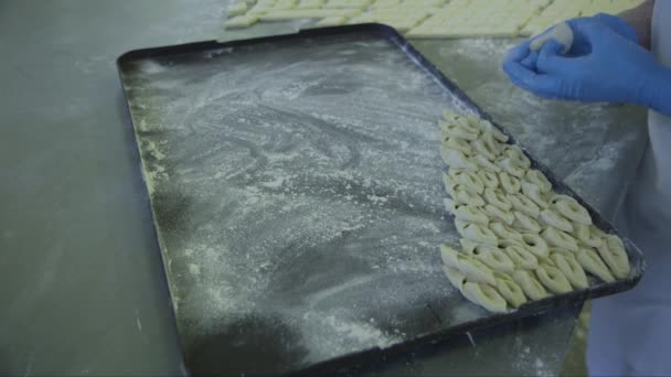 statische close-up shot van de werknemer die het deeg voor bramen koekjes in een pan bestrooid met bloem - Video