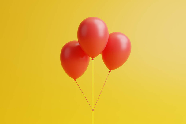 A bunch of red balloons on a yellow background. 3d render illustration - Photo, image
