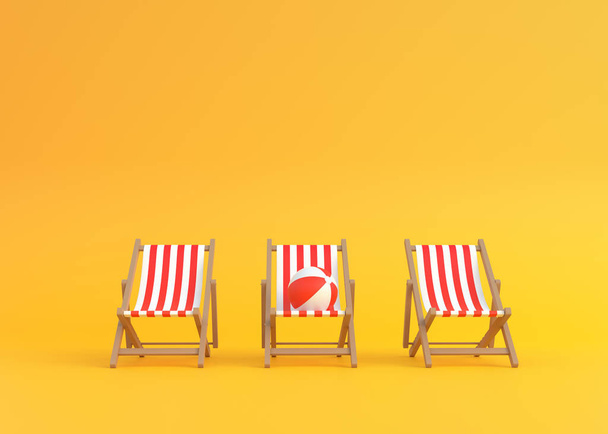 Striped deck chairs and beach ball on a yellow background. Concept of summer vacation or holiday on the beach. 3d rendering, 3d illustration - Фото, изображение