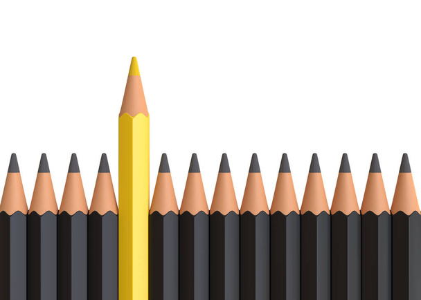 Yellow pencil standing out from crowd of plenty identical black fellows on white table. Leadership, uniqueness, independence, initiative, strategy, business success concept. 3d render illustration - Foto, imagen