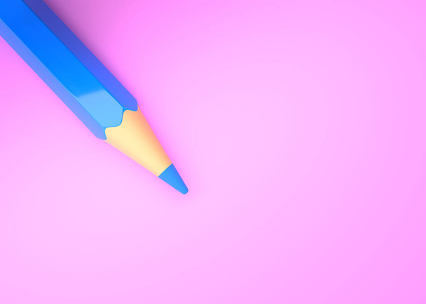Minimalist template with copy space by top view close up macro photo of blue pencil isolated on bright yellow paper. Creative concept. 3d render illustration - Zdjęcie, obraz