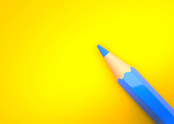 Minimalist template with copy space by top view close up macro photo of blue pencil isolated on bright yellow paper. Creative concept. 3d render illustration - Foto, afbeelding