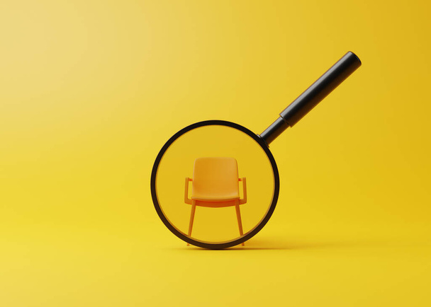 Office chair with magnifying glass on a yellow room. Recruitment concept. Searching for a new job opportunity. 3D Render 3D Illustration - Фото, изображение