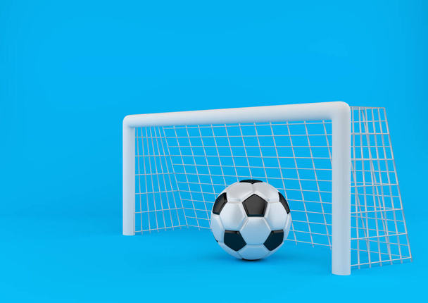 Soccer ball and football goal on pastel blue background. Minimal creative concept. 3D rendering illustration - 写真・画像