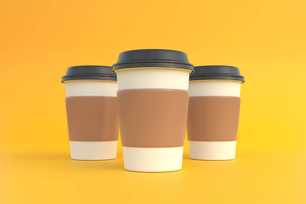Three disposable paper coffee cup with black lid on yellow background. Minimal concept. 3D Rendering 3D Illustration - Foto, afbeelding
