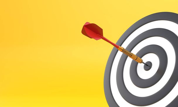 Dart hitting a target on the center on yellow background with copy space. Minimal concept. 3d render illustration - Foto, Imagem