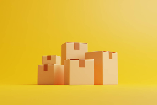 Un gruppo di scatole di cartone marrone su sfondo giallo. Vista laterale. Il concetto di trasporto e consegna. Illustrazione rendering 3d - Foto, immagini